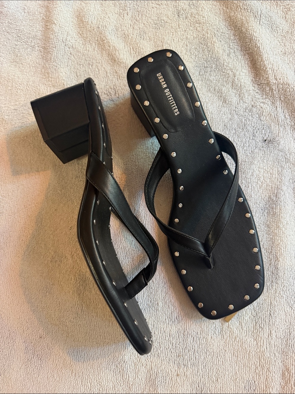Urban Outfitters Black Studded Block Heel Thong Mules